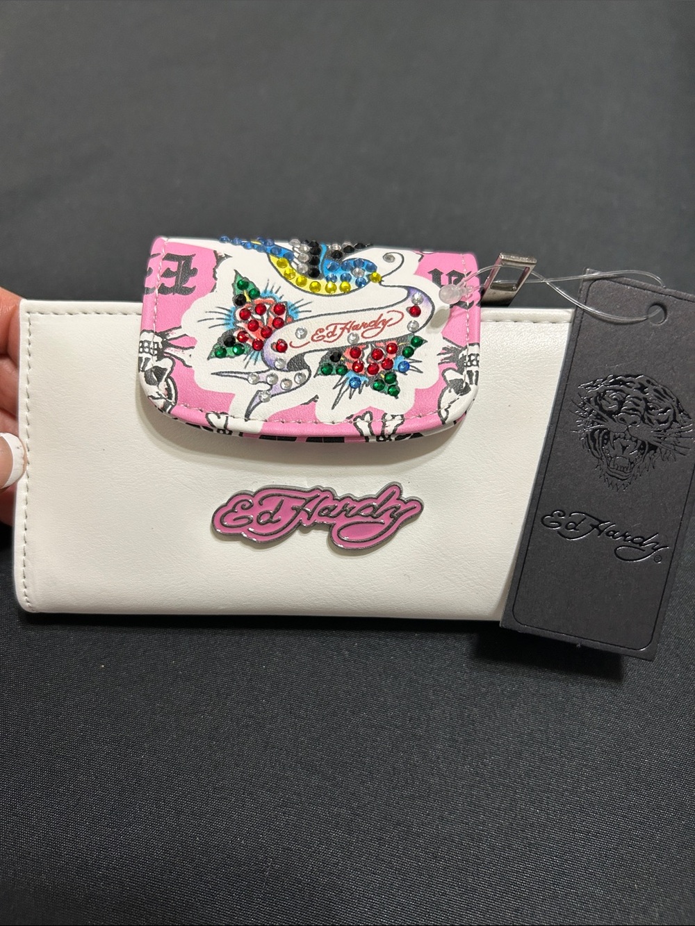 Ed Hardy White & Pink Rhinestone Accent Card Holder